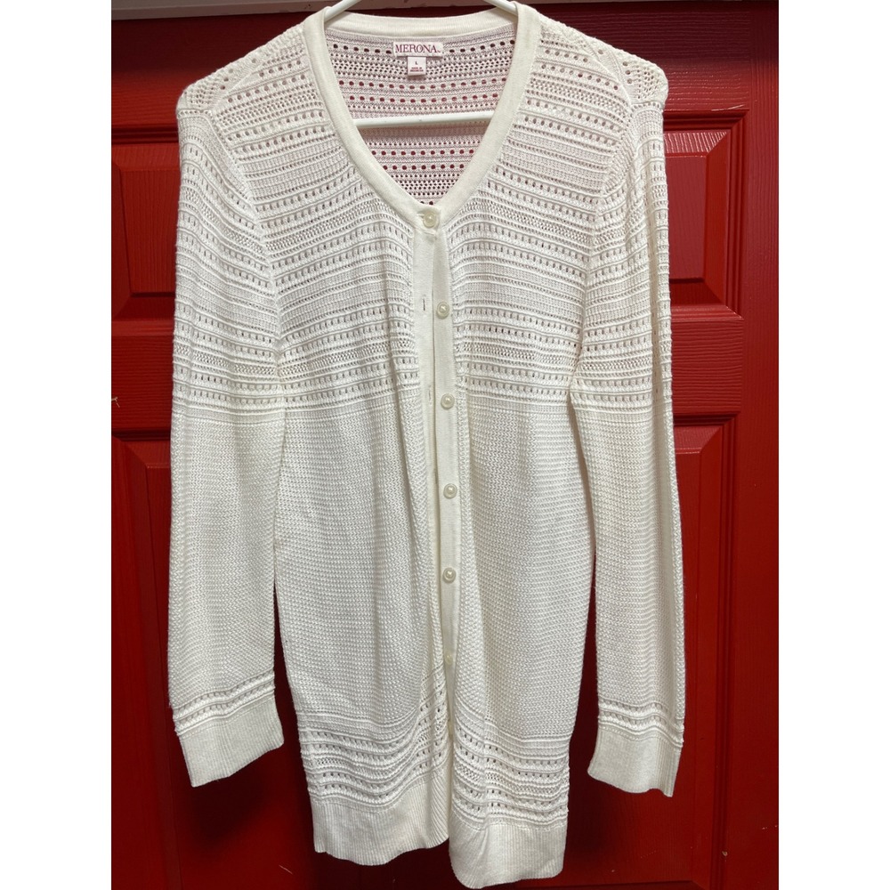 Merona Womens White Open Knit Pointelle Button Front Cardigan Sweater Large